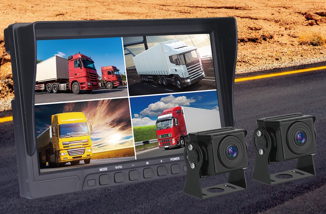 LCD-automonitor geeft 4 camera's weer: